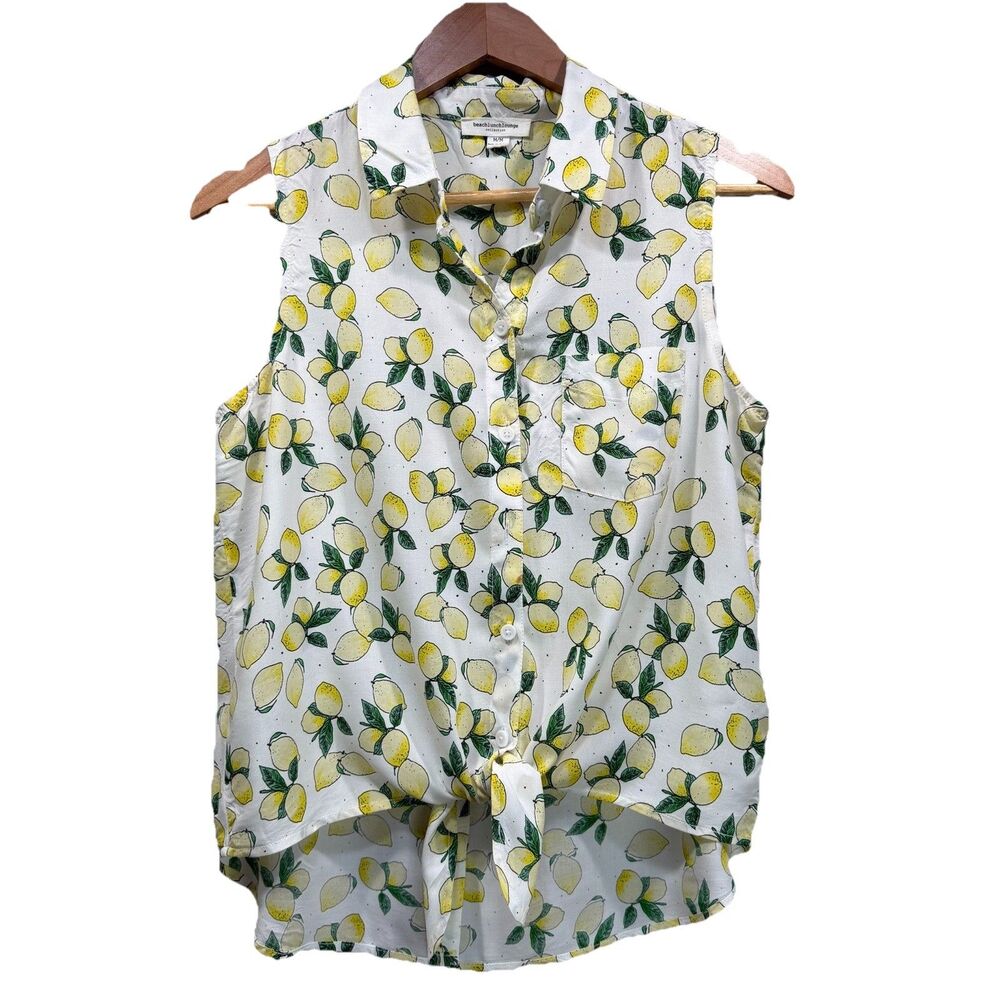 BEACH LUNCH LOUNGE Women M 100% Viscose Lemon Print Tie Front Sleeveless Top